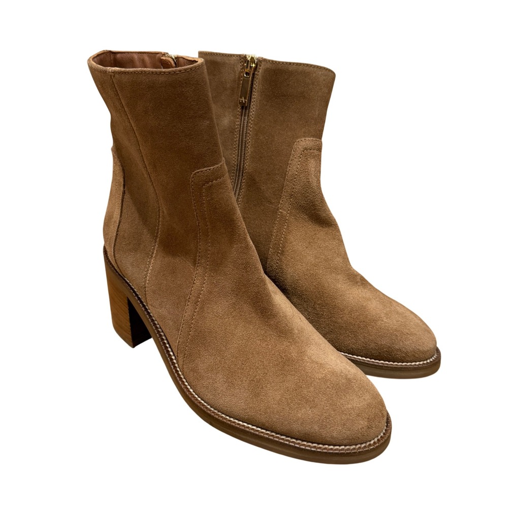 Aquatalia Janella Weatherproof Suede Booties Tan Champagne Block Heel 8 M NWOB